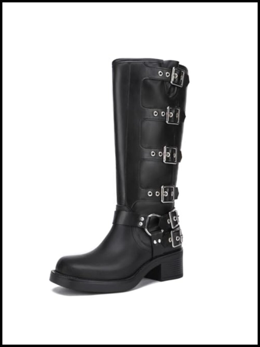 Women's Knee High Riding Boots Faux Leather Chunky Block Heel Biker Boots
